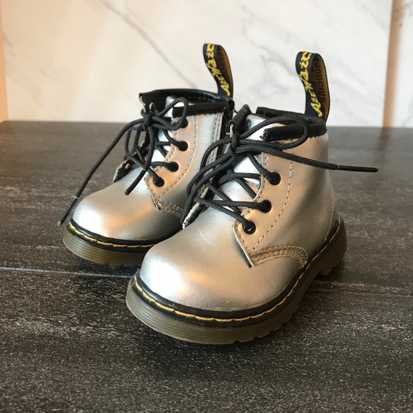Dr. Martens Baby Lace Up Grey Silver Boots - Picture 3 of 7